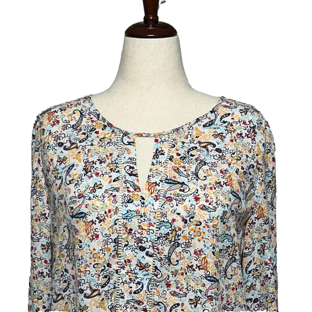 Collective Concepts Peasant Top Womens XXL White Blue Paisley Keyhole Neck Flowy